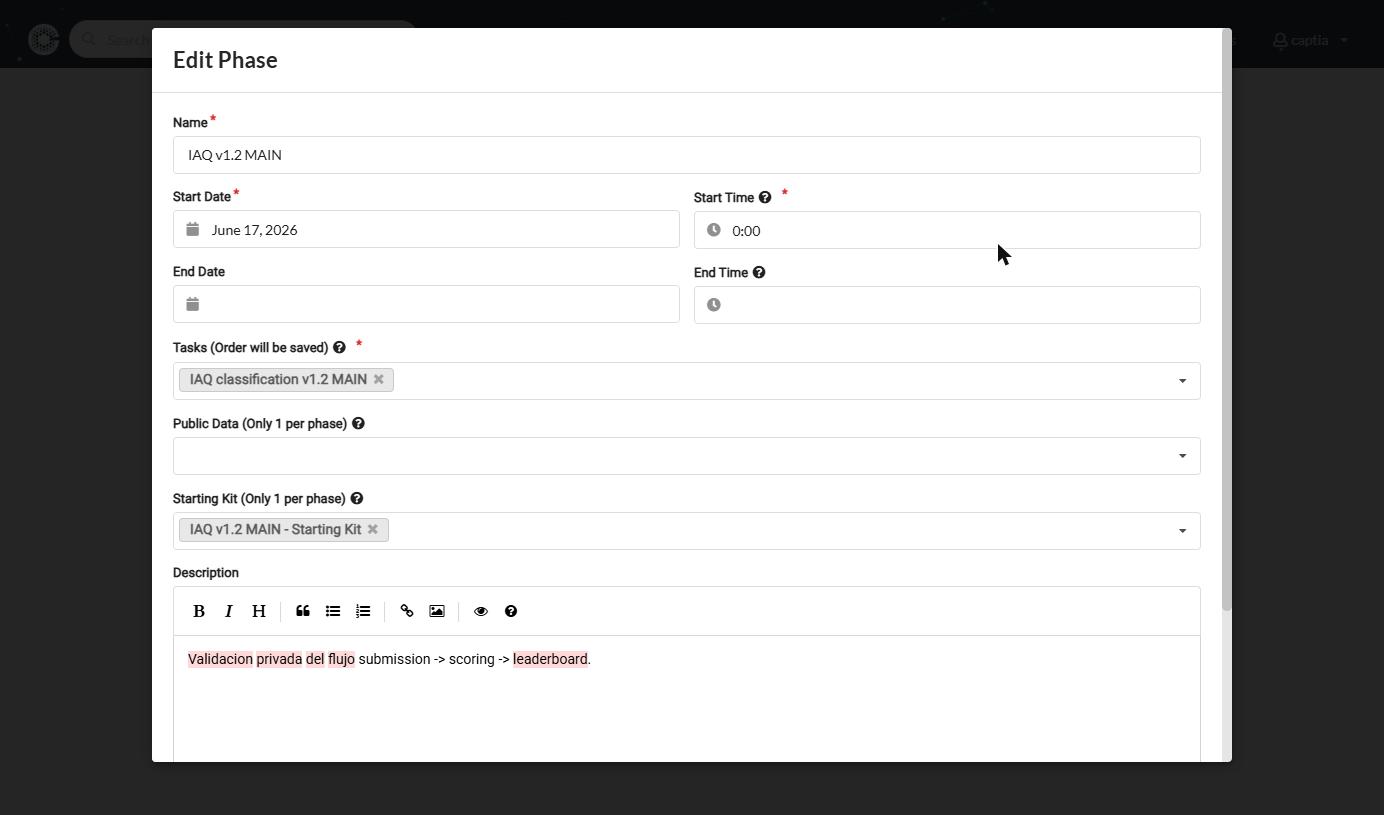 Formulario Edit Phase con Name, Start Date, Start Time, End Date, End Time, Tasks, Public Data, Starting Kit y Description