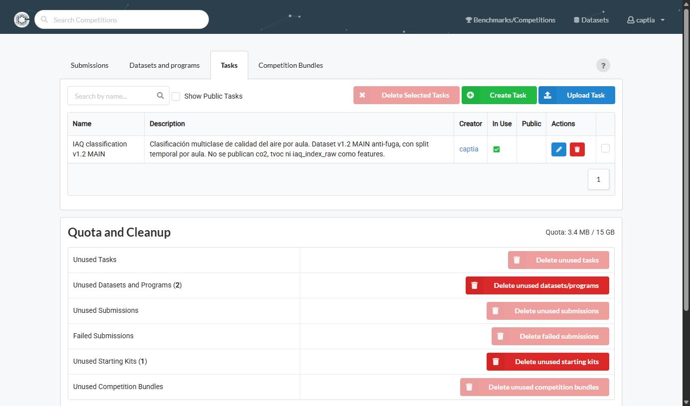 Pestaña Tasks de Resources, con una Task y su descripción, y los botones Create Task y Upload Task
